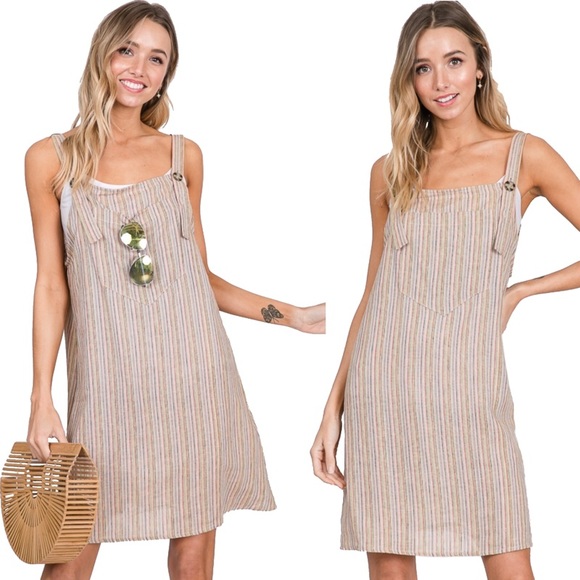 "Bailey" Striped Overall Dress w/ Big Front Pocket - Picture 2 of 5